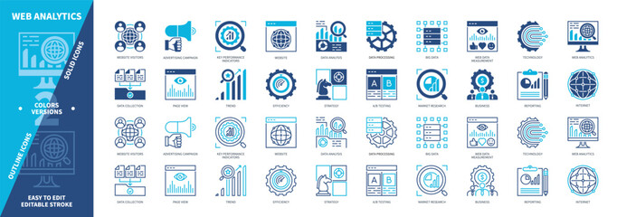 Web Analytics icon set. Technology, Efficiency, Web Traffic Measurement, Big Data, Trend, Page View, Market Research, Data Collection. Duotone color solid and editable outline icons