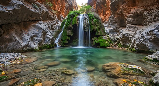 Waterfall cascading into a clear pool of water in a rocky canyon landscape