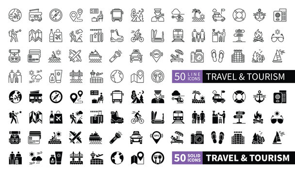 Set of 100 solid and line icons related to Travel and Tourism. Containing plane, map, adventure, tour, nature ,voyage, baggage, suitcase and more. Pictograms for web, mobile app and infographics
