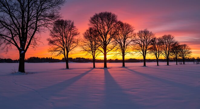 Winter landscape with bare trees and colorful sunset sky