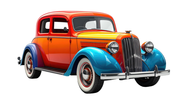 A vibrantly colored classic car with white-walled tires against a black background