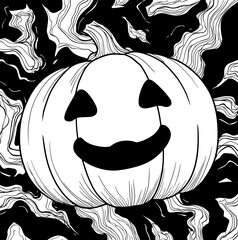 Spooky Halloween pumpkin smiles against a swirling black and white background, perfect for creating unique and eye-catching seasonal designs and promotions this fall