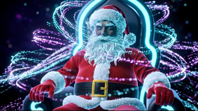 A futuristic Santa Claus with glowing blue eyes and a shimmering white beard. The background features swirling digital patterns and vibrant colors, creating a cybernetic atmosphere