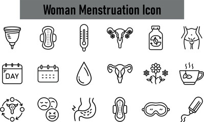 Woman menstruation icon set isolated on transparent background, representing feminine hygiene, health, and period care products and symbols