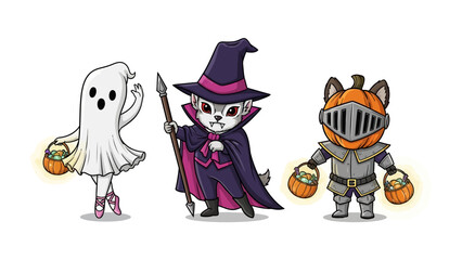 Halloween Costumes: A whimsical trio of Halloween characters, a ghost, a cat wizard, and a pumpkin knight, are ready to bring spooky cheer.