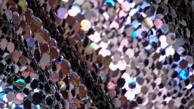 Close-up video shot of shimmering sequins in gold and silver hues, capturing a vibrant, festive atmosphere with a dynamic, textured angle.