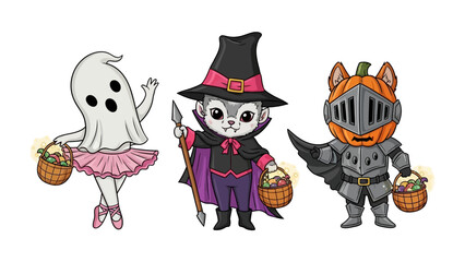 Spooky Companions: a charming illustration presents three whimsical characters, each adorned in Halloween attire, against a clean background. a ballerina ghost, a witch.