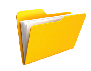 A bright yellow file folder holding papers, on a transparent background