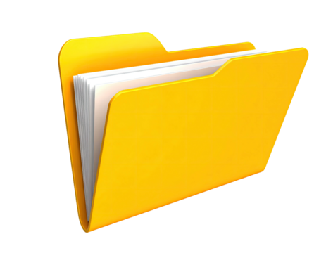 A bright yellow file folder holding papers, on a transparent background