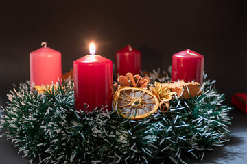 First Advent Candle with Christmas Decoration