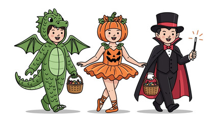 Halloween Fun: Three children dressed in festive costumes prepare to collect candies. Captured in a vibrant illustration, these figures, represent the epitome of spooky season joy. 
