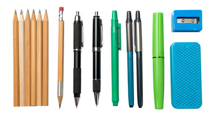 A collection of colorful pencils, pens, a green highlighter, a metal ruler, and a blue eraser arranged neatly on a white background.

