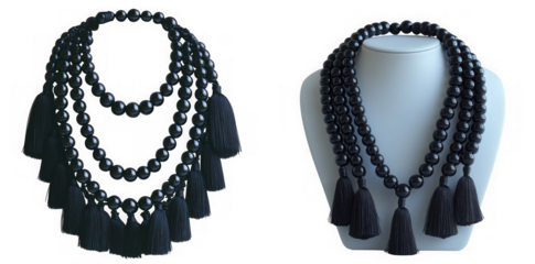 Black beaded necklace with tassels on a mannequin isolated on transparent background