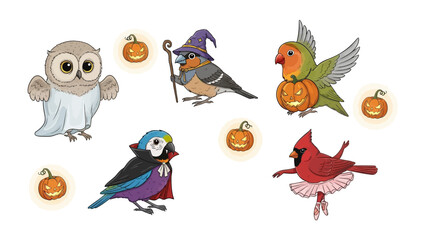 Halloween Birds Characters: A whimsical collection of birds dressed in charming Halloween costumes, perfect for bringing a touch of spooky fun to any project or design.
