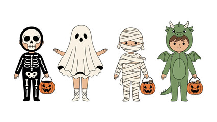Halloween Costume Characters: A collection of four adorably dressed Halloween characters, exuding charm. Each character is adorned in a unique costume, and with a jack-o'-lantern.
