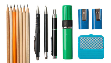 A collection of colorful pencils, pens, a green highlighter, a metal ruler, and a blue eraser arranged neatly on a white background.

