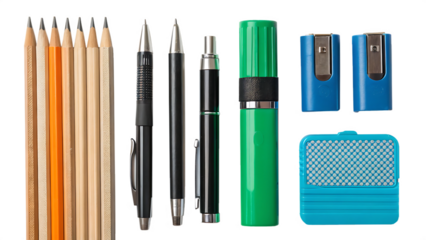 A collection of colorful pencils, pens, a green highlighter, a metal ruler, and a blue eraser arranged neatly on a white background.

