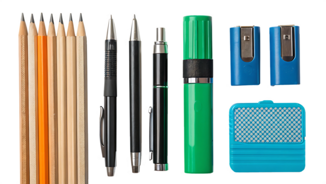 A collection of colorful pencils, pens, a green highlighter, a metal ruler, and a blue eraser arranged neatly on a white background.
- Powered by Adobe
