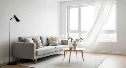 Modern living room interior with sofa, coffee table, and large window with flowing curtains.