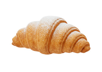Isolated croissant sprinkled with icing sugar, delectable flaky pastry for breakfast