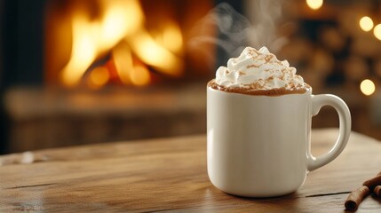 Mug of hot cocoa with whipped cream, sitting on wooden table, fireplace in background, cozy winter scene