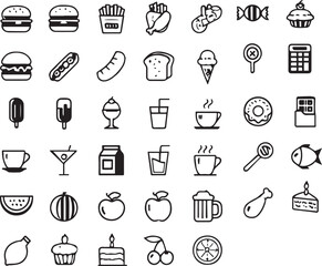 "Food and Drink Line Icons Set – Fast Food, Snacks, Fruits, Desserts, Beverages"