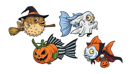 Obraz premium Spooky Marine Halloween Characters: Whimsical illustrations of fish dressed in festive halloween costumes, set against a pristine backdrop. A lighthearted showcase of creativity and fun.