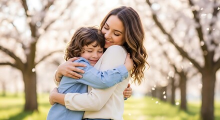 Fototapeta premium Mother and son embrace in a blooming spring garden, loving moment.