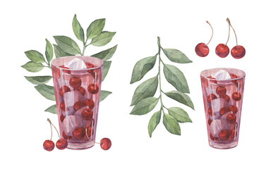 A set of watercolor illustrations featuring a cherry cocktail in a pink glass. Cherry blossoms and green branches. Isolated on a white background. Suitable for bar menus, labels, and business cards.