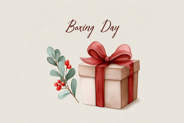 Boxing Day gift box with red ribbon and accompanying botanical sprig, soft beige background, elegant and festive.