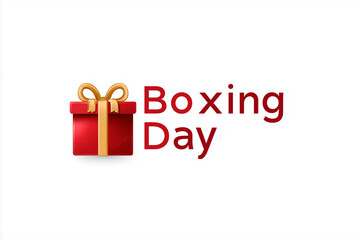 A bold red gift with a gold ribbon and the words Boxing Day in modern typography on a white background.