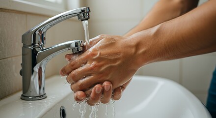 Washing hands under a chrome faucet in a bathroom sink hygiene concept