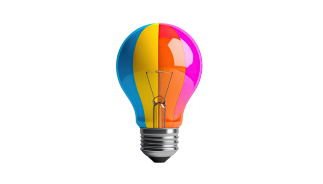 A colorful lightbulb symbolizing an idea, with sections of yellow, orange, and pink