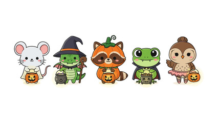 Obraz premium Cute Halloween Animals in Costume: A delightful group of cartoon animals, dressed in whimsical Halloween costumes like a witch, pumpkin, and ballerina, carrying treat buckets.