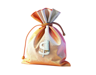Rendered image of a tied money bag, lit with a dollar sign