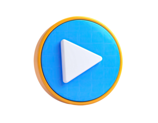 A 3D rendered button shows a white play symbol inside a blue and orange circle