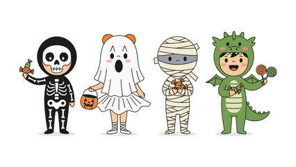 Happy Halloween: A charming collection of children in adorable costumes, ready for a night of trick-or-treating fun. The vibrant illustration captures the festive spirit of the spooky holiday.