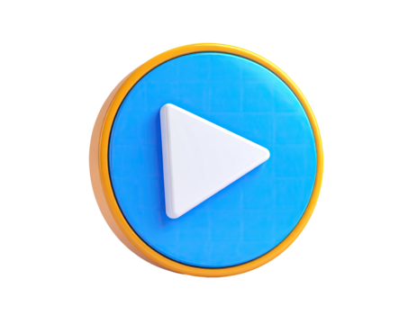 A 3D rendered button shows a white play symbol inside a blue and orange circle