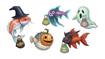 Spooky Underwater Halloween: A whimsical group of charming sea creatures. A vibrant image of a spooktacular Halloween themed sea creatures with unique costumes!