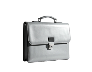 A stylish, light grey briefcase with a silver clasp, isolated on black