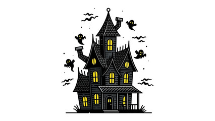 Spooky Mansion's Gathering: In a twilight setting, a bewitching mansion rises against a star-studded sky. Ghosts and eerie atmosphere create a spooky scene. The perfect visual for Halloween.