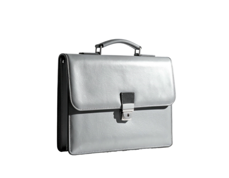 A stylish, light grey briefcase with a silver clasp, isolated on black