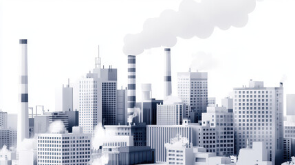 Naklejka premium Monochromatic illustration of city skyline featuring industrial buildings, smokestacks, and emissions, conveying sense of urban life and pollution