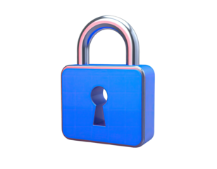 A glossy blue padlock with a shiny chrome shackle isolated against a black backdrop