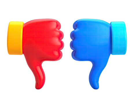 Two thumbs down emojis, red and blue, side by side against a black background