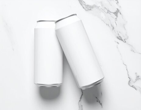 Two blank white cans on a bright, marbled surface - Powered by Adobe