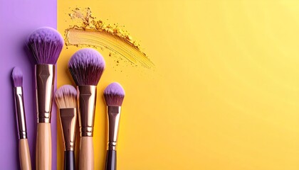 Makeup brushes set against a split purple and yellow background