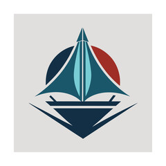 Abstract geometric sailboat with sun and water elements on light grey background