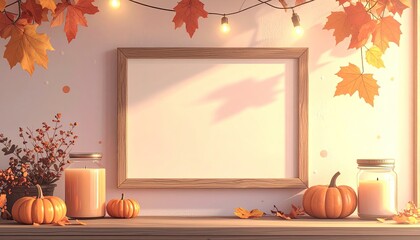Cozy autumn scene with blank frame, pumpkins, and fall decor
