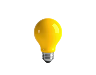 A vibrant yellow lightbulb, shining against a stark black background, isolated